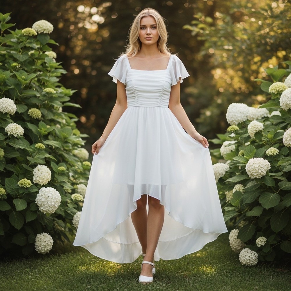 White Chiffon Maxi Dress Grl 18 Flutter Sleeve Hi Lo Hem Zip Tie Back Flowy NWT